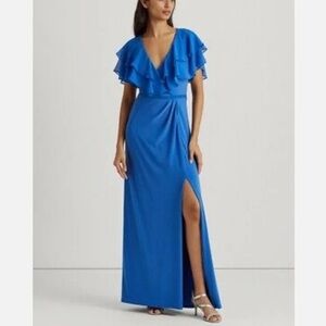 Lauren Ralph Lauren Royal Blue Ruffle-Trim Dress Jersey Evening Gown Size 18